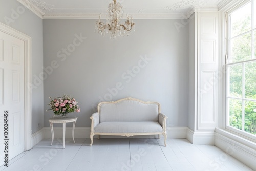 Light-filled room with a light gray sofa, a small table with flowers, and a crystal chandelier.