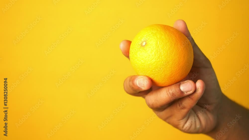 Hand holding a bright orange against a vibrant yellow background Hand holding a bright orange against a vibrant yellow background