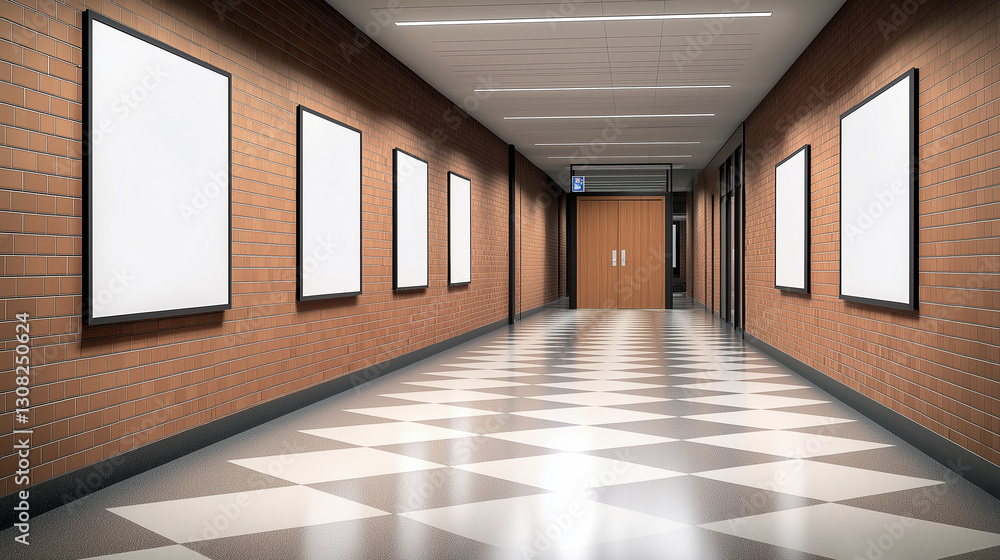 Empty frames hanging in corridor with checkered floor and brick walls Empty frames hanging in corridor with checkered floor and brick walls