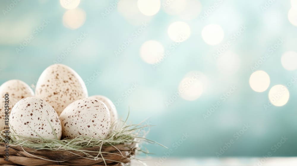 Obraz premium Speckled decorative eggs resting in a nest create a serene spring atmosphere, complemented by softly glowing bokeh lights in the background