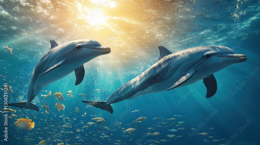 Fototapeta premium A vibrant swarm of white and yellow fish elegantly glides through serene deep blue-green waters, creating dynamic movement and harmony beneath the surface