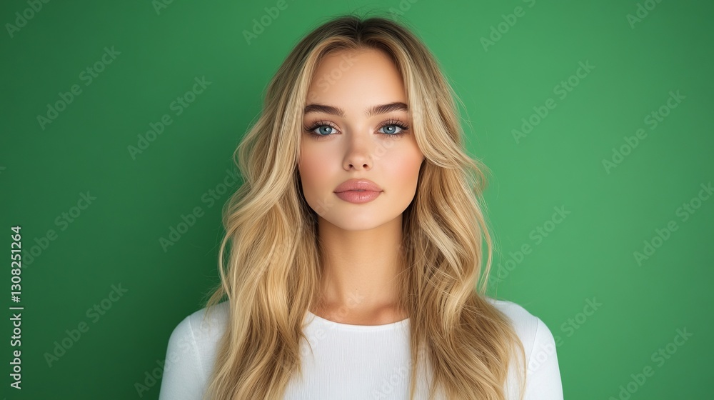 Fototapeta premium Serene Blonde Beauty: A captivating portrait of a young woman with flowing blonde hair and striking blue eyes, set against a vibrant green backdrop.