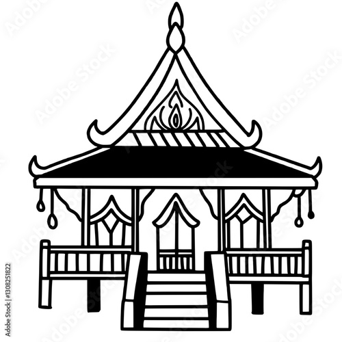 Thai temple line art drawing of Traditional Thai Bangkok Thailand Illustration 