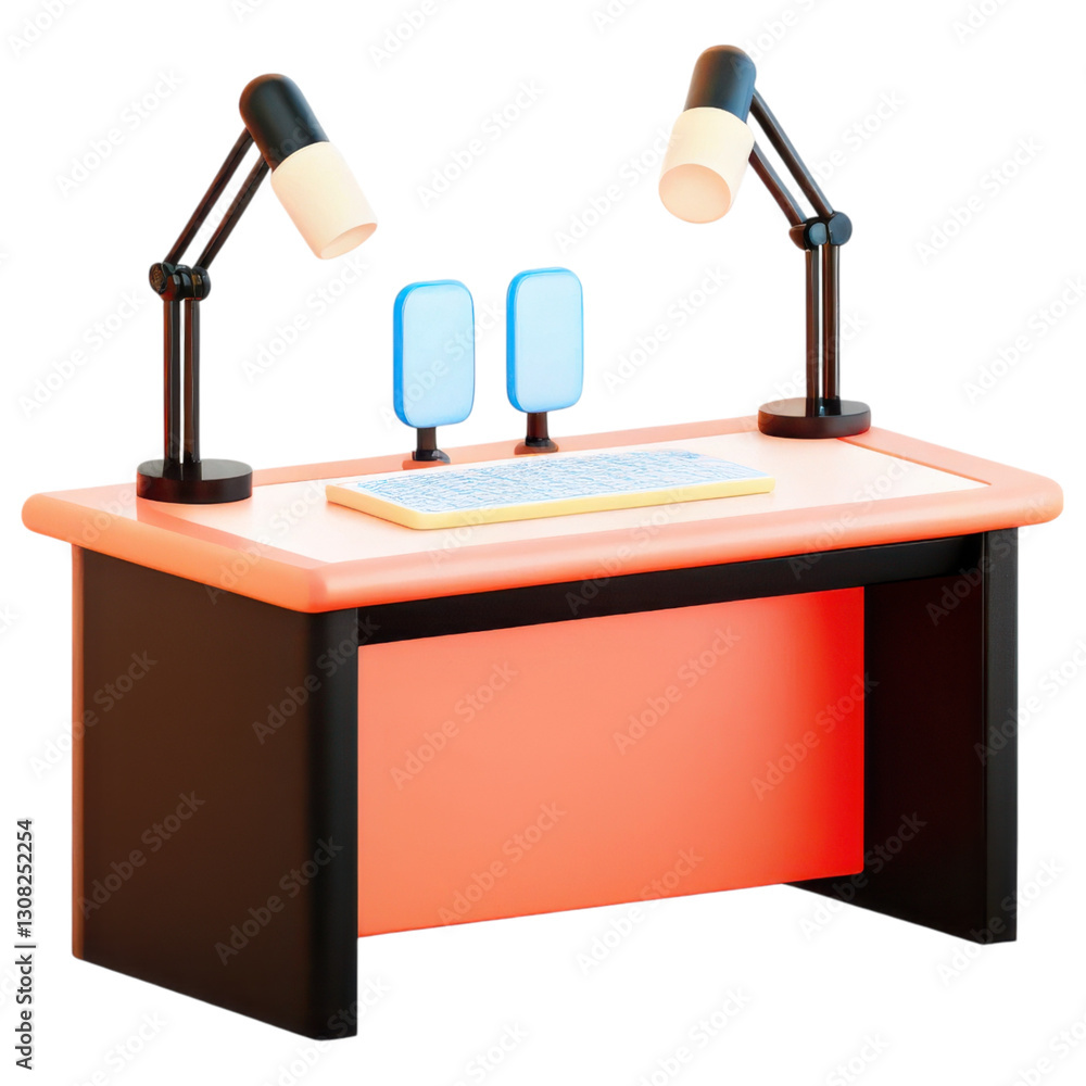 Podcast studio concept, modern podcast studio setup with sleek desk, dual lamps clipart isolated on transparency background Podcast studio concept, modern podcast studio setup with sleek desk, dual lamps clipart isolated on transparency background