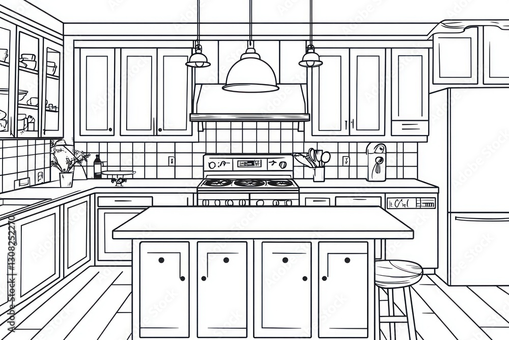 Fototapeta premium Line drawing of a farmhouse style kitchen interior design.