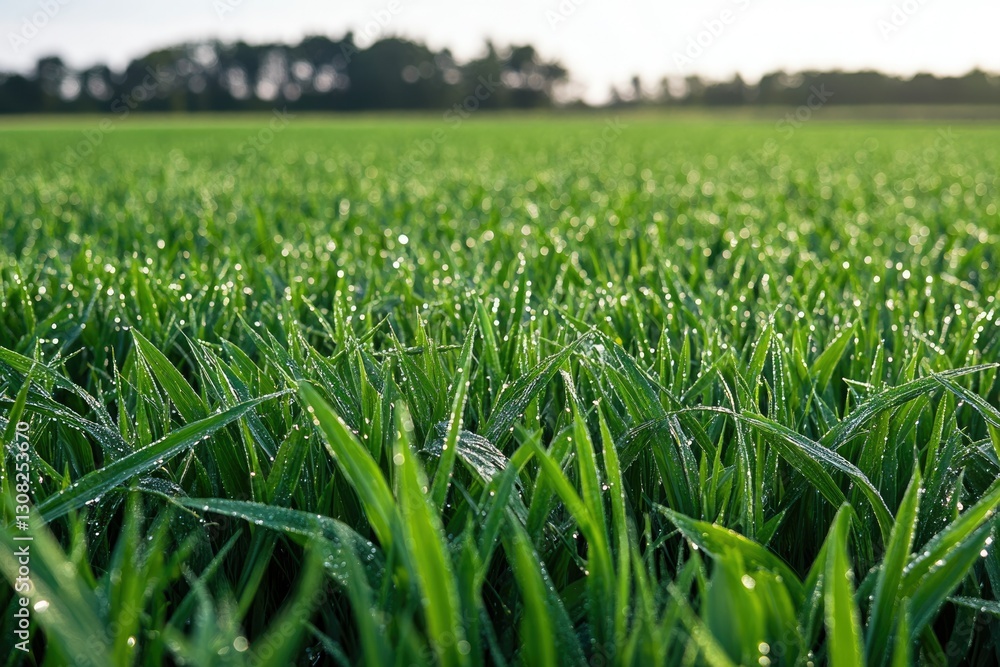 Lush green field covered in morning dew, showcasing vibrant nature and agricultural abundance. Lush green field covered in morning dew, showcasing vibrant nature and agricultural abundance.