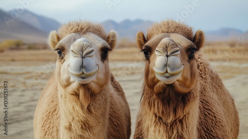 A close-up of a camel’s face, eyes gazing soulfully as its mouth gently opens. Its head turns to the left, revealing intricate details and rugged textures in soft light photo