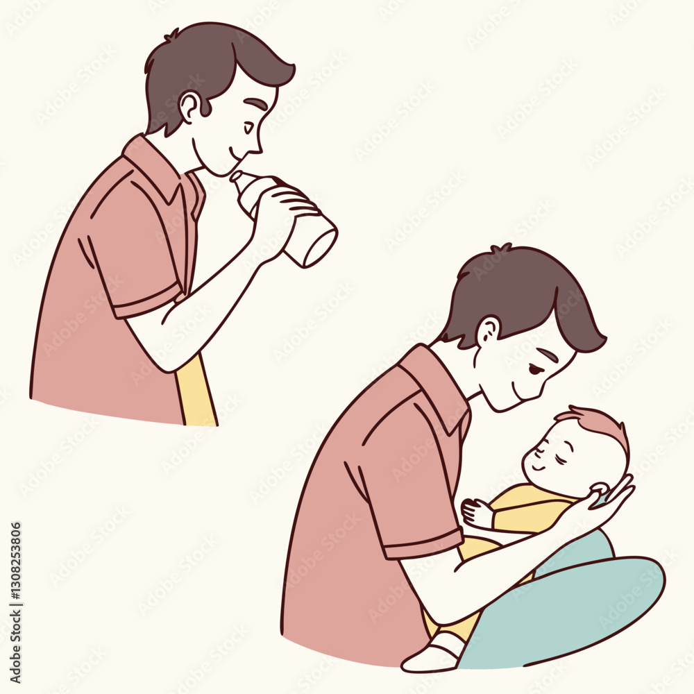 Hand Drawn Illustration of a Father Nurturing His Baby with Love and Care Hand Drawn Illustration of a Father Nurturing His Baby with Love and Care
