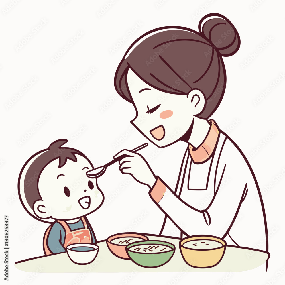 Mother feeds her baby with care and affection in a colorful illustration Mother feeds her baby with care and affection in a colorful illustration