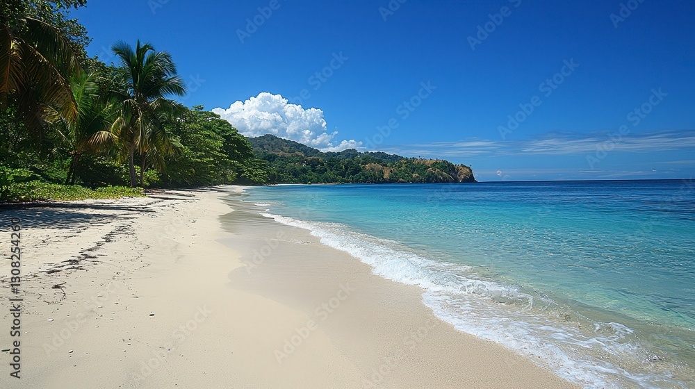 Serene Beach Landscape Featuring Gentle Waves and Lush Tropical Foliage Under Clear Blue Sky Serene Beach Landscape Featuring Gentle Waves and Lush Tropical Foliage Under Clear Blue Sky