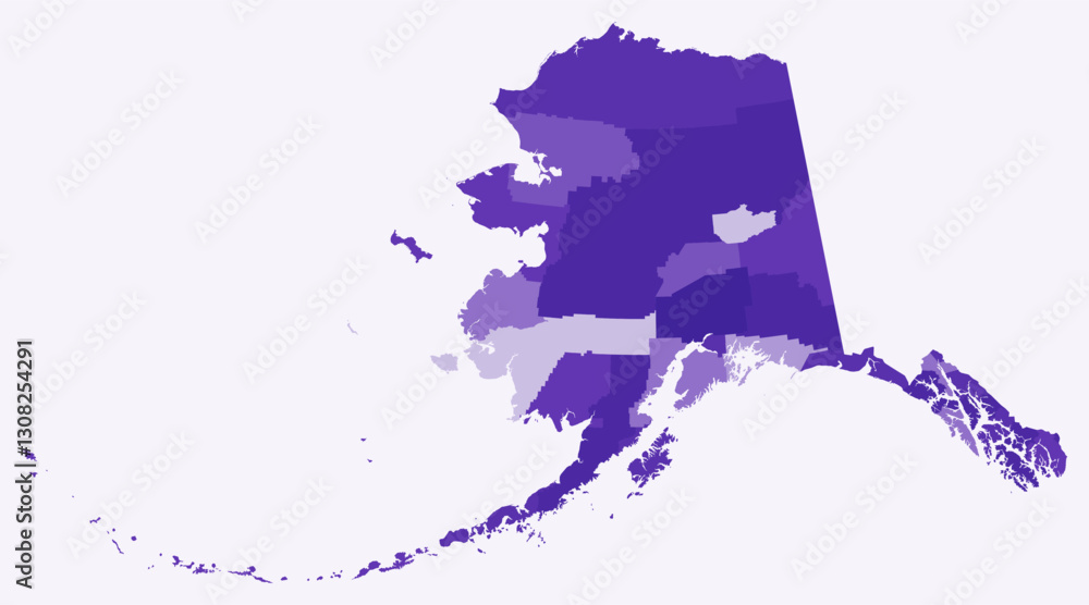 Obraz premium Map of Alaska with counties. A simple state border map with county divisions. Features a deep purple color palette. Plain State of Alaska shape with administrative division. Vector illustration.