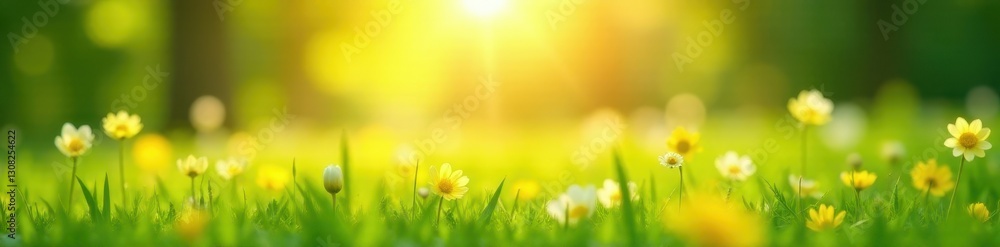 Fototapeta premium Sunlit meadow, bokeh lights, blurred spring greenery , bright, vibrant, vegetation