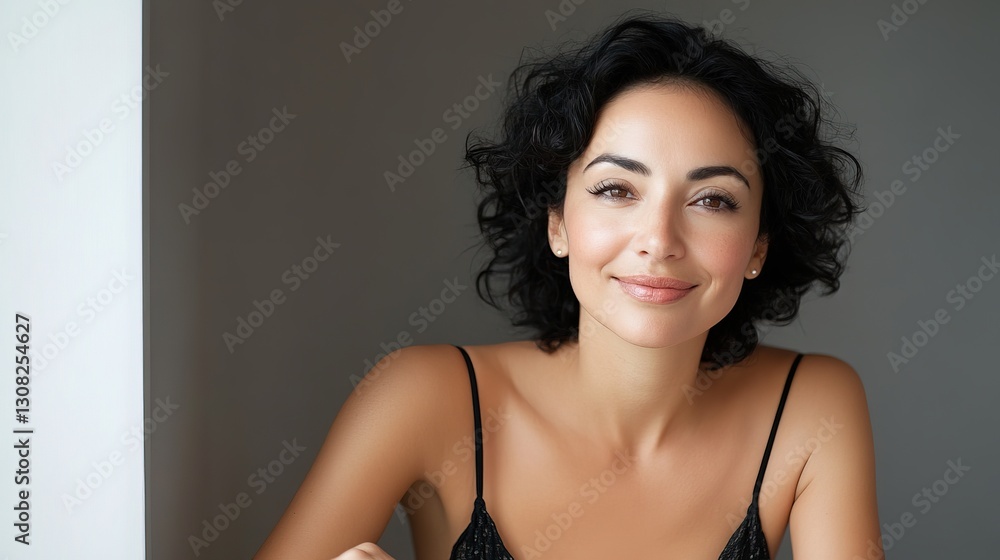 Fototapeta premium Warm Smile of a Beautiful Woman in Soft Light, Radiating Joy and Serenity 