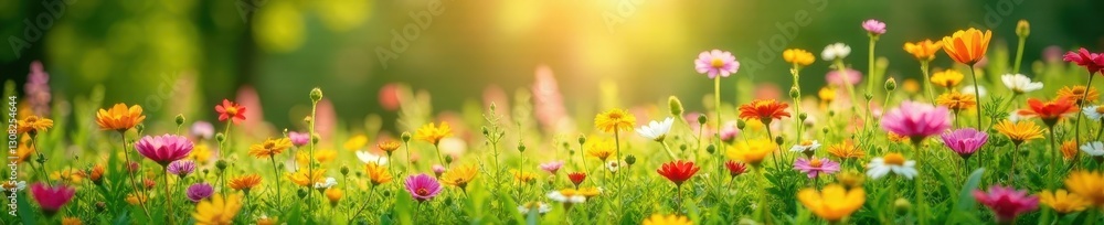 Fototapeta premium Sunlit profusion of wildflowers, diverse colors, lush green backdrop , botany, scenic