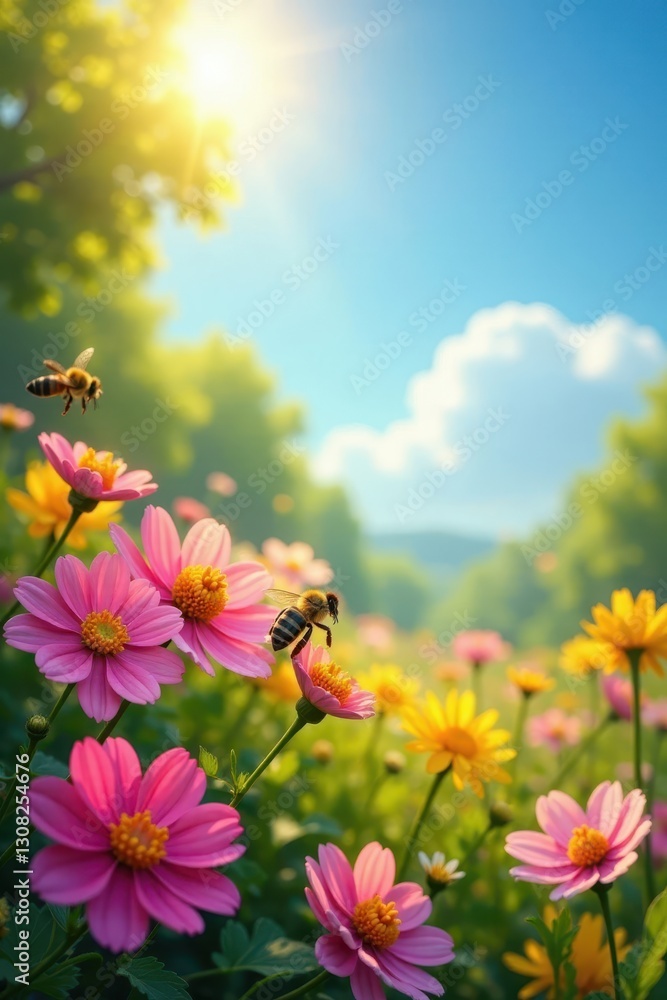 Fototapeta premium Sunlit izba, colorful flowers, busy bees, springtime , spring, idyllic