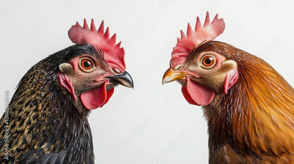 Fototapeta premium Captivating close-up of a speckled brown and black chicken, showcasing a vibrant red comb. Head tilts elegantly to the left, adding dynamic charm.