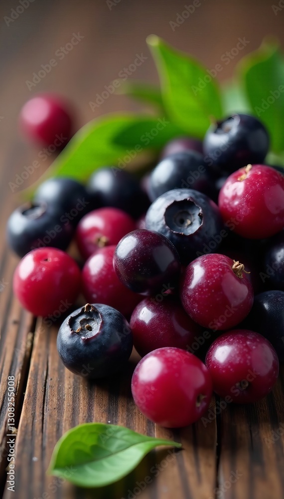 Close-up of fresh acai berries with leaves on wooden background, antioxidant, acai berry, fruit Close-up of fresh acai berries with leaves on wooden background, antioxidant, acai berry, fruit
