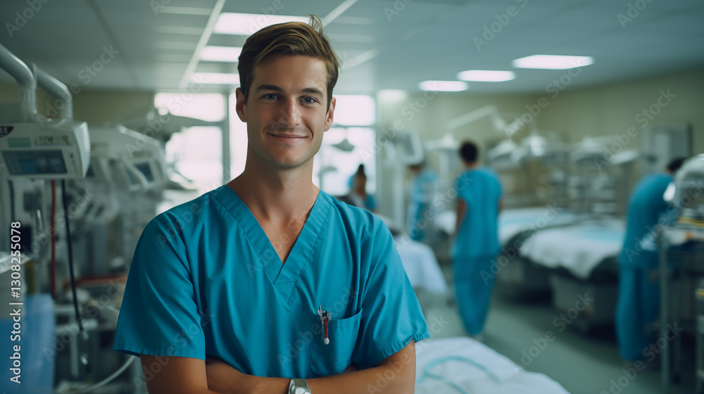 Young surgeon smiling at the camera in hospital. Young surgeon smiling at the camera in hospital.