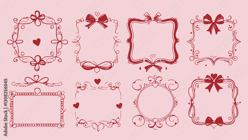 Elegant hand-drawn doodle frames with hearts, bows, and wavy lines in vintage coquette style for invitations and stationery
Elegant hand-drawn doodle frames with hearts, bows, and wavy lines in vintage coquette style for invitations and stationery