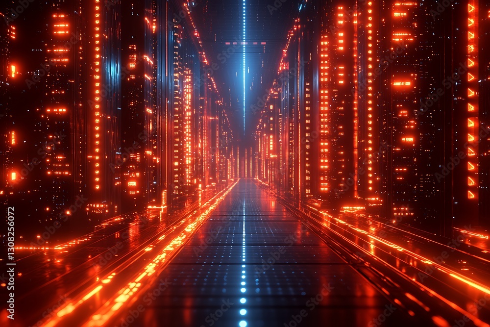 Glowing server corridor, digital city Glowing server corridor, digital city