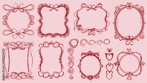Elegant hand-drawn doodle frames with hearts, bows, and wavy lines in vintage coquette style for invitations and stationery  

