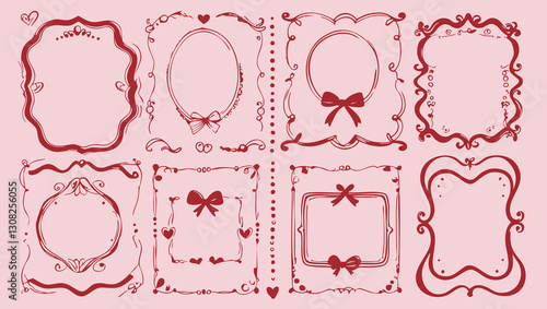Elegant hand-drawn doodle frames with hearts, bows, and wavy lines in vintage coquette style for invitations and stationery  
