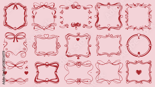Elegant hand-drawn doodle frames with hearts, bows, and wavy lines in vintage coquette style for invitations and stationery  

