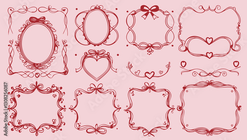 Elegant hand-drawn doodle frames with hearts, bows, and wavy lines in vintage coquette style for invitations and stationery  
