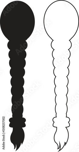 Hair Braided Silhouette icon set. There's a bun, a braid a loose wavy hairstyle. long female fashion plait. Vector of human hair in natural black color ribbon isolated on transparent background