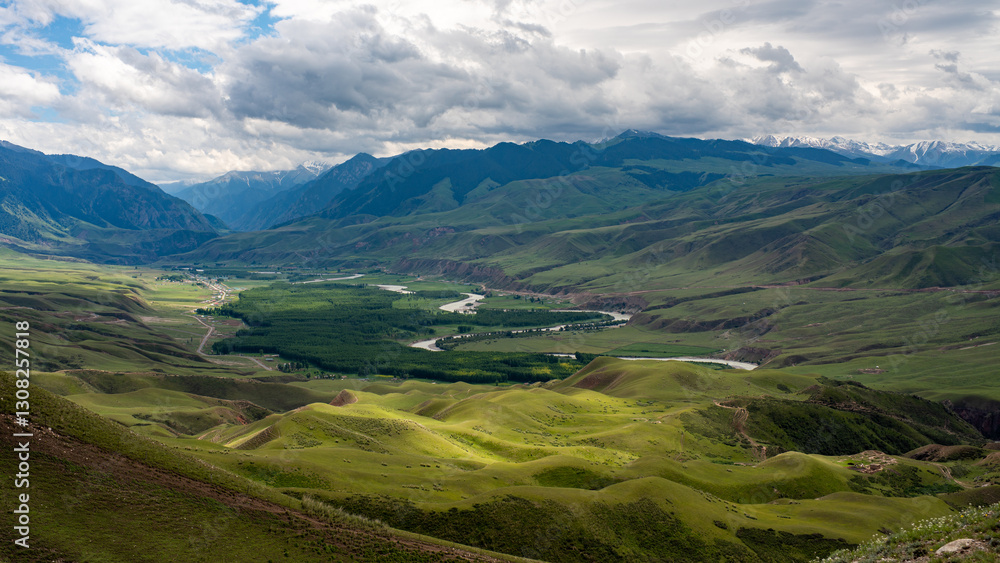 landscape with mountains and river and snow mountains. landscape with mountains and river and snow mountains.