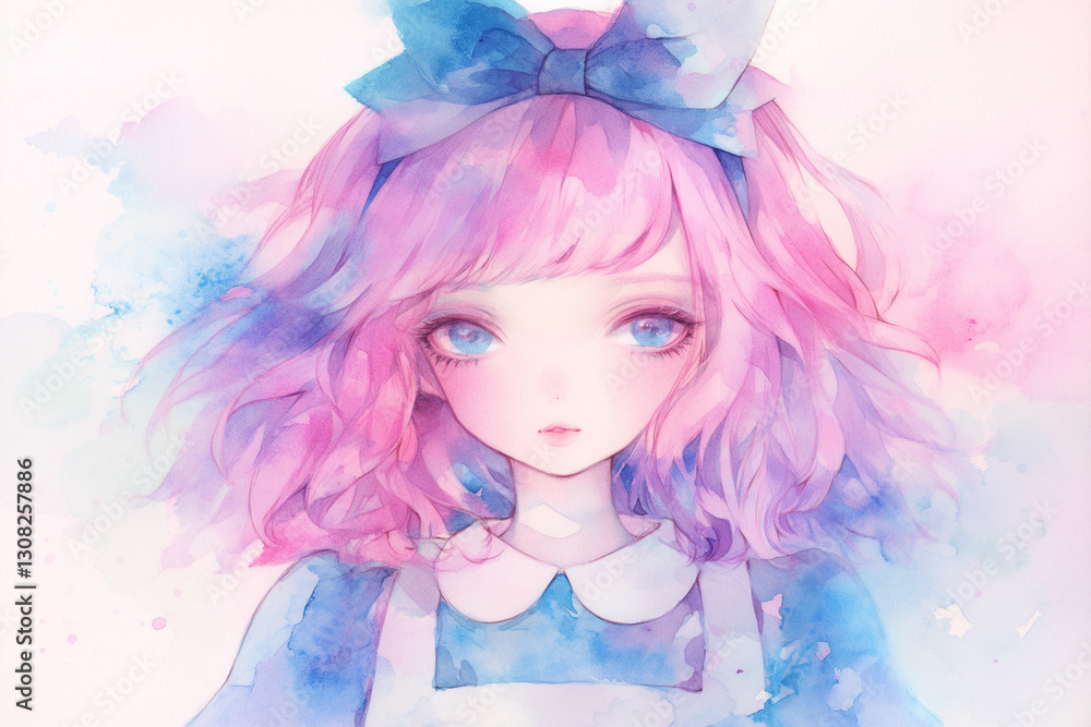 Fototapeta premium 幻想的な瞳の美少女 ピンクの髪と青い背景のコントラストが美しい水彩画