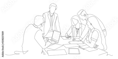 Business Team Collaboration in Modern Office — Line Art Illustration
