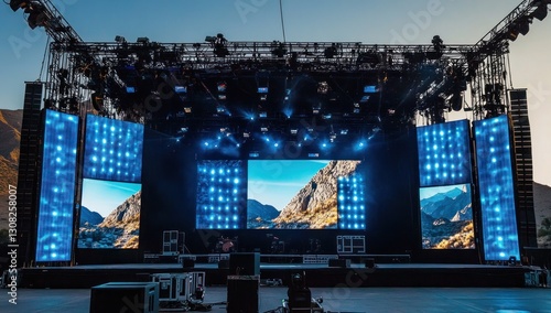 Outdoor concert stage with large LED screens, spotlights, and equipment.