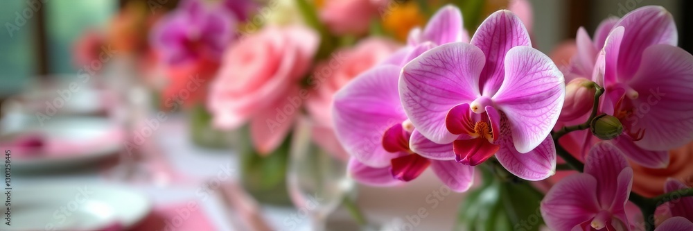 Naklejka premium Close-up of orchid flower arrangement on a beautifully decorated wedding table, event, reception, orchid