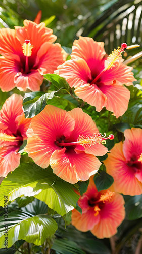 Wallpaper Mural Vibrant Peach Hibiscus Flowers Blooming in Lush Tropical Foliage Torontodigital.ca