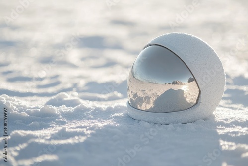 A lone astronaut helmet rests in the snow, reflecting a winter landscape.  A scene of solitude and exploration. photo