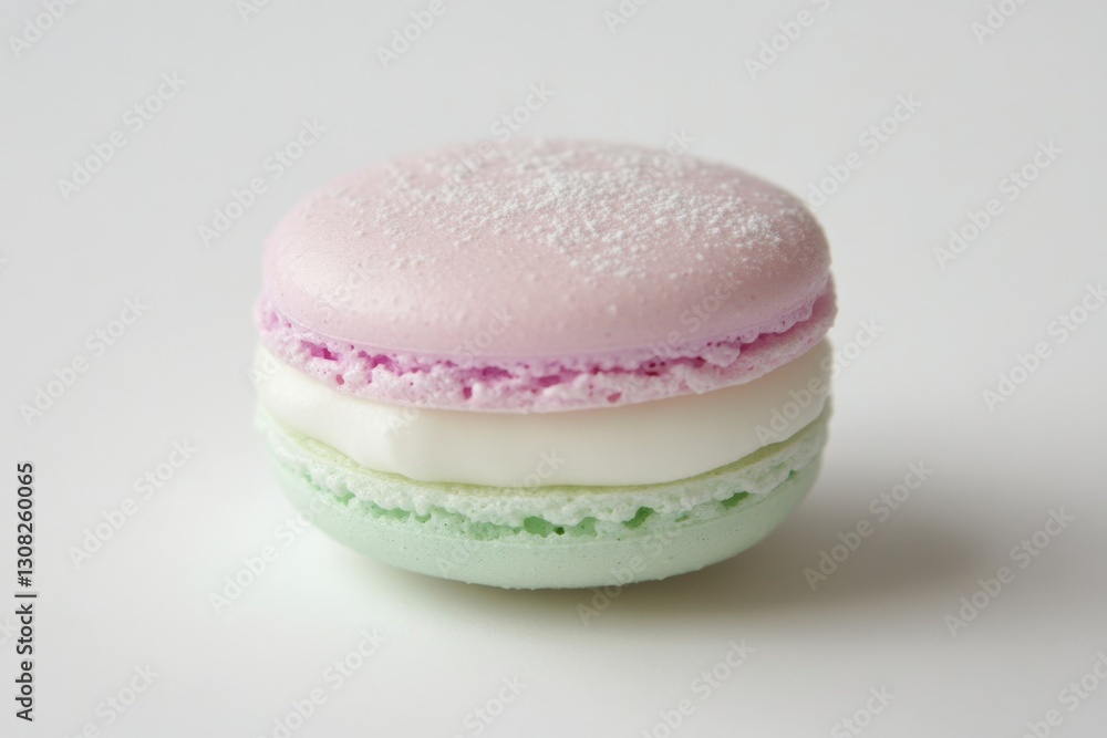 A pastel-colored macaron with pink, white, and green layers, delicately dusted with sugar. A pastel-colored macaron with pink, white, and green layers, delicately dusted with sugar.