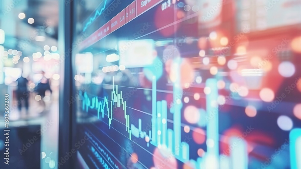 Close-up of digital screen showing downward-trending line graph symbolizing Fed rate cut, surrounded by financial charts and news headlines, key financial indicator visualization. Close-up of digital screen showing downward-trending line graph symbolizing Fed rate cut, surrounded by financial charts and news headlines, key financial indicator visualization.