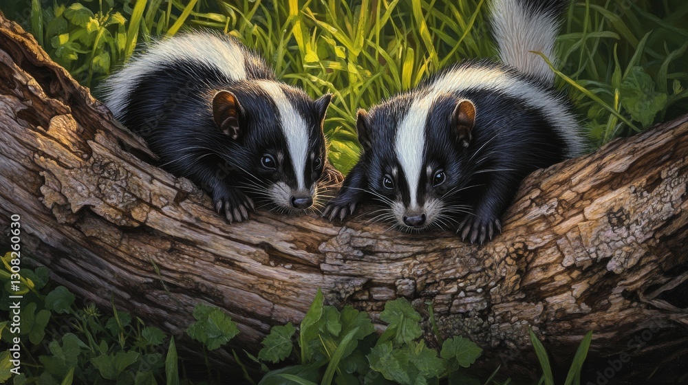 Obraz premium Two skunks locked in an intricate dance atop a gnarled tree trunk; their faces tilt slightly as they peer into one another’s eyes, creating a captivating and mysterious tableau illuminated by soft oil