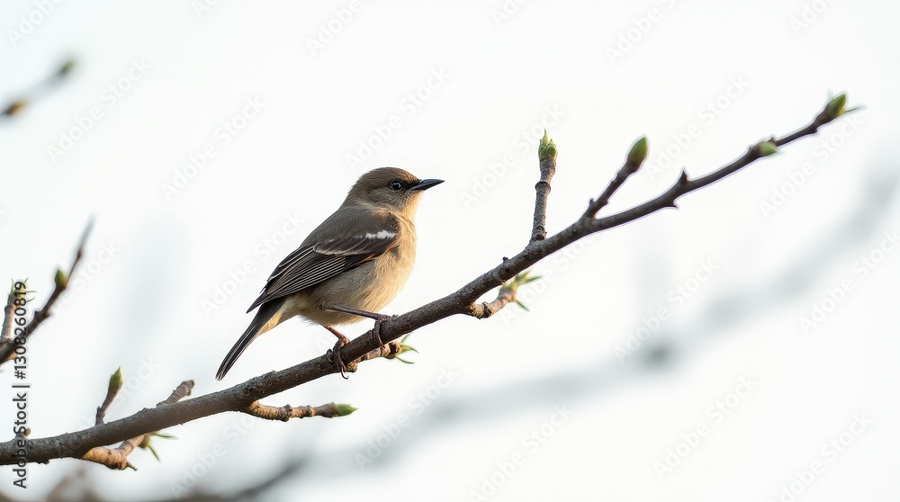 bird perched on a textured branch with tiny buds bird perched on a textured branch with tiny buds