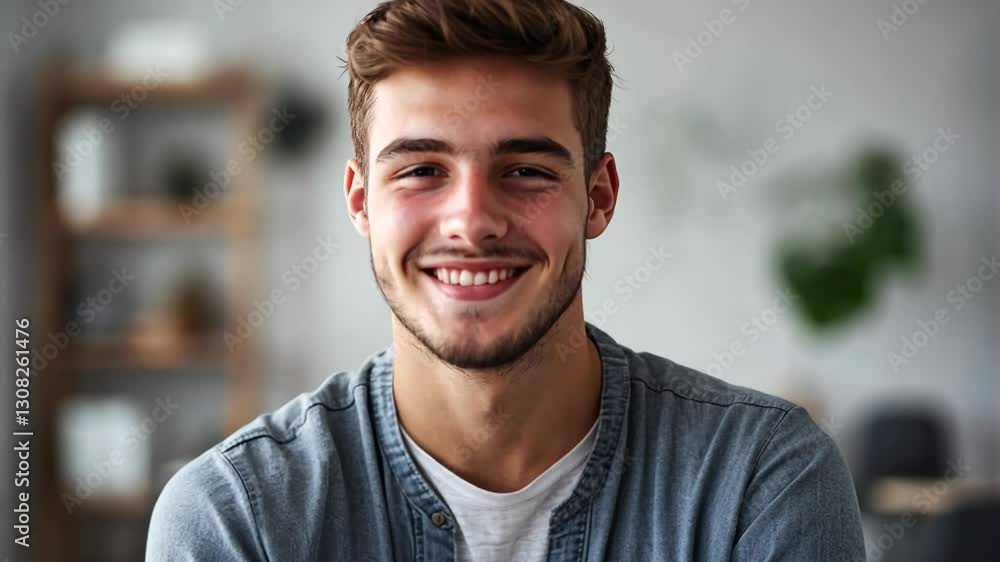 portrait of a Caucasian muscular handsome young man smiling at cozy home portrait of a Caucasian muscular handsome young man smiling at cozy home