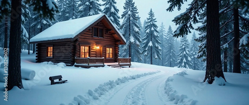A log cabin nestled in a snowy forest, with a snow-covered driveway leading to the front door.  Deep, atmospheric lighting, a peaceful and cozy vibe, realistic style, high quality, detailed,  depth of