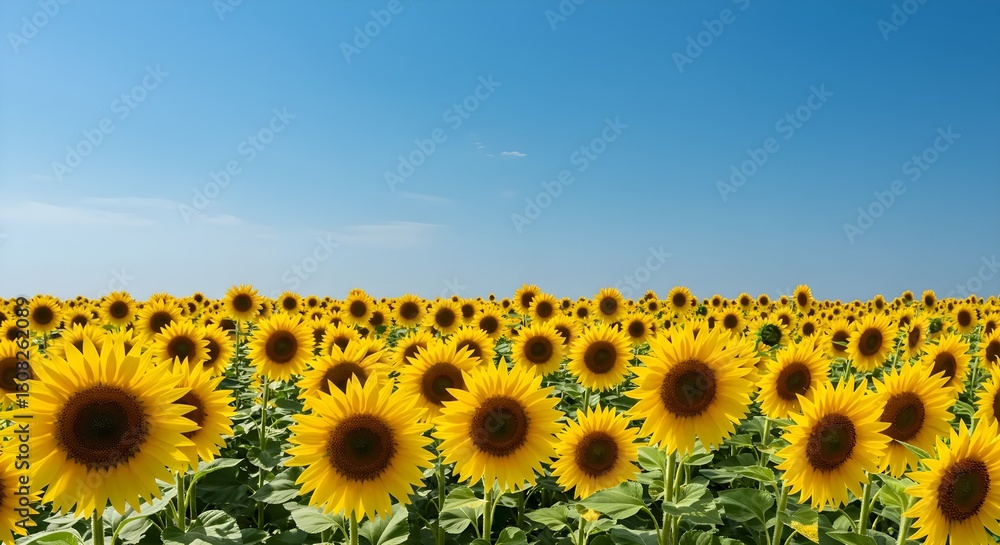 Fototapeta premium Sunflower Field in Full Bloom with Golden Petals and a Bright Blue Sky | Warm Summer Day