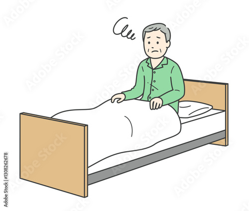 ベッドから起き上がるパジャマ姿で睡眠に悩む高齢男性と介護ベッド