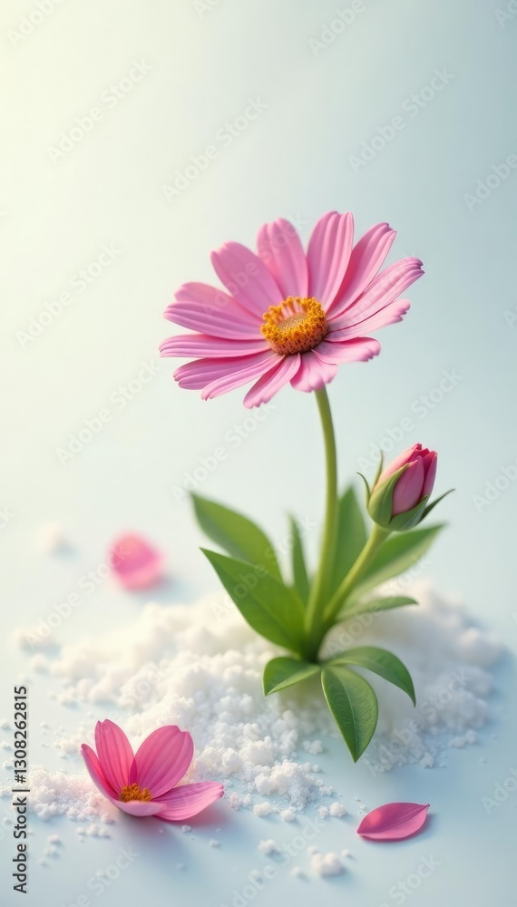 Obraz premium Single flower blooms on pristine white ground, nature, serene, petals