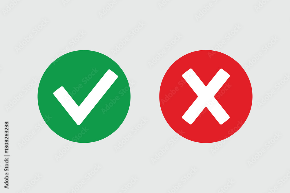 Green and red check circles with yes and no signs. Modern label icons of check and cross on a gray background. Check and cross in a circle. Green and red check circles with yes and no signs. Modern label icons of check and cross on a gray background. Check and cross in a circle.