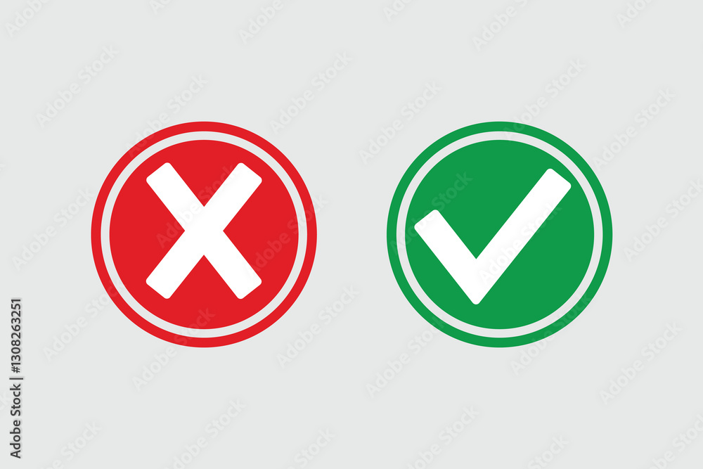 Green and red check mark circle lines with yes and no signs. Modern label icons of check mark and cross on grey background. Check mark and cross in circle lines. Green and red check mark circle lines with yes and no signs. Modern label icons of check mark and cross on grey background. Check mark and cross in circle lines.