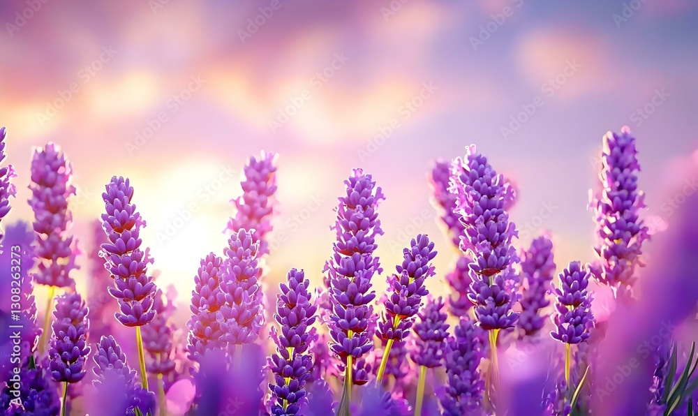Naklejka premium Vibrant Lavender Field Under a Beautiful Sunset Sky