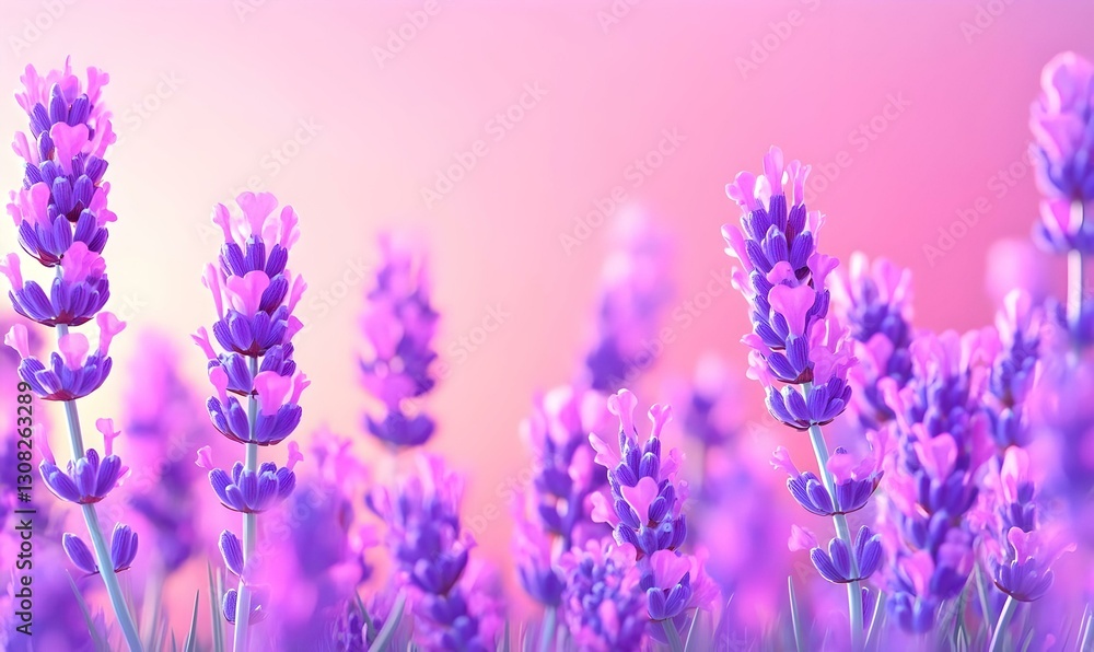 Fototapeta premium Vibrant Lavender Fields Under Soft Pink Sky in Dreamy Landscape