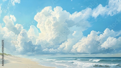 Panoramic view of a beach scene with fluffy white cumulus clouds against a vibrant blue sky.  Gentle waves lap onto a sandy shore.  A tranquil coastal landscape.